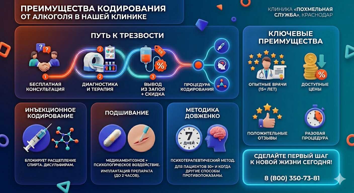 Инфографика о методах кодирования от алкоголя в Усть-Катаве: инъекции, подшивание, метод Довженко. Преимущества клиники и этапы лечения.