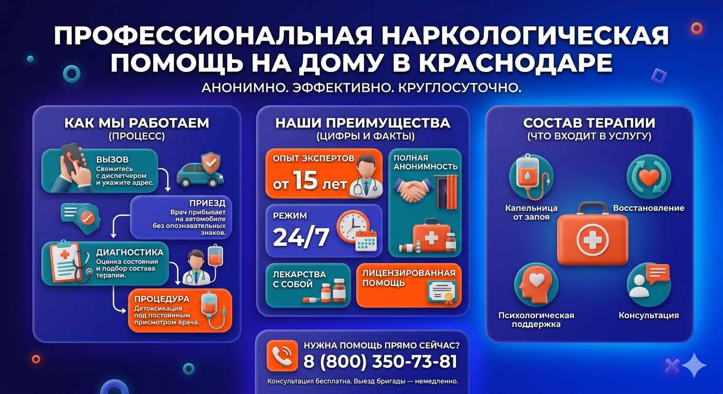 Инфографика о принципах лечения алкоголизма на дому в Усть-Катаве: этапы вызова нарколога, преимущества анонимной детоксикации и состав медицинской помощи.